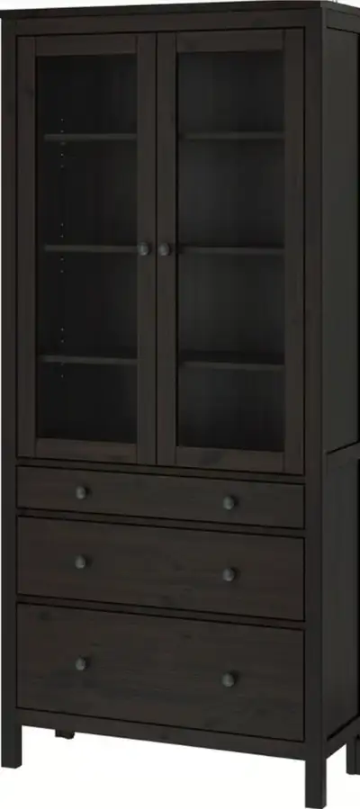 IKEA HEMNES Glass-door cabinet with 3 drawers, black-brown, View more