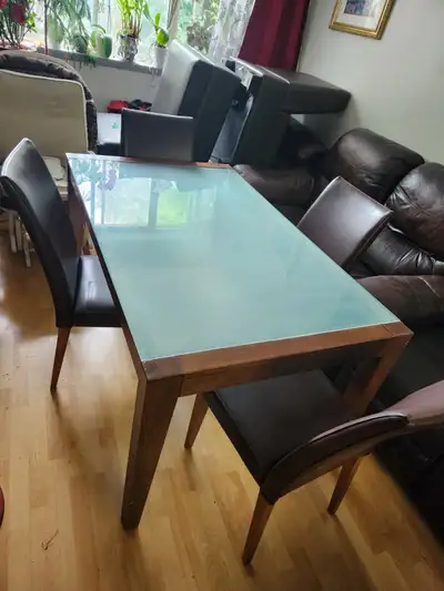 Frosted Glass And Wood Dining Table With Parson Leather Chairs, View more