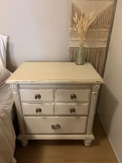 Vintage Cream Distressed Nightstand with 2 Drawers, View more
