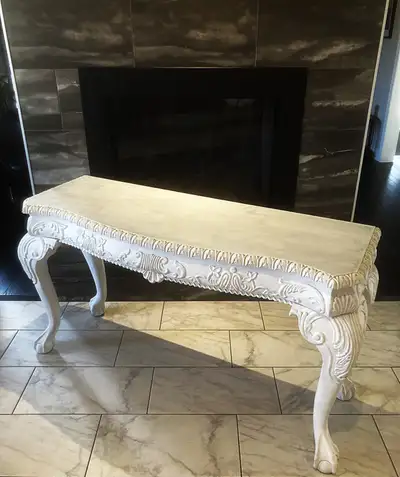 Grand French Provincial Whitewashed Sofa Table, View more
