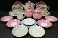 22 ANTIQUE ASSORTED PINK & BLUE PORCELAIN TOY DISHES