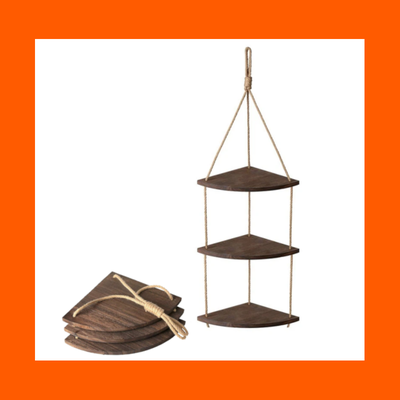 HANGING CORNER SHELF,  Natural Wood and JUTE-ROPE (3-Tier), View more