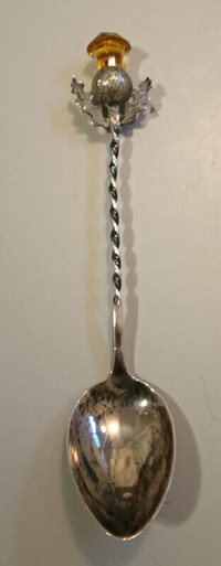 Antique Sterling Silver Twisted Handle Spoon Thistle Amber Glass