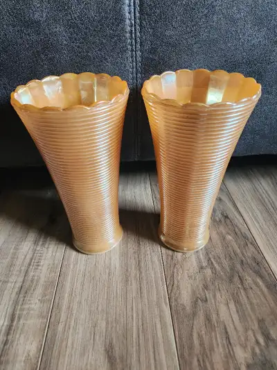 VINTAGE Anchor Hocking Fire King Peach Lusterware ribbed vases, View more