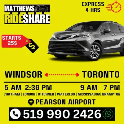 - [ ] ❌MATTHEW’S RideShare ❌ - [ ] 4 Hours Expressing - [ ] ❌❌❌5am and 3pm WINDSOR ↔️ TORONTO 519990...
