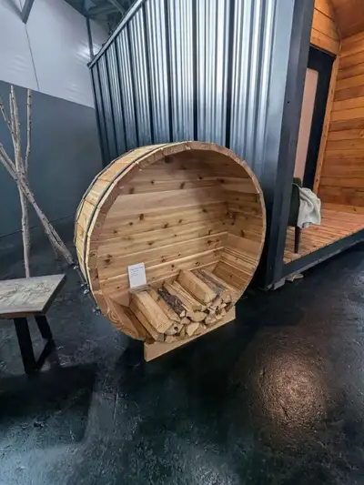 Cedar barrel firewood holder, View more