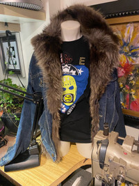  Handmade Vintage raccoon lined denim jacket