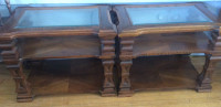 Two solid wood glass top side tables.  $95.00 for the pair.