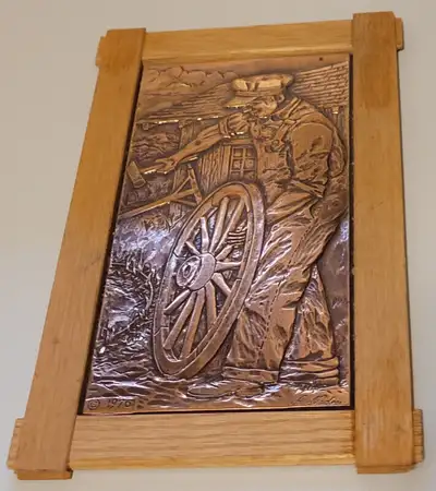 Vintage Rare Colonial Pioneer Man Repairing Wagon Wheel Copper, View more