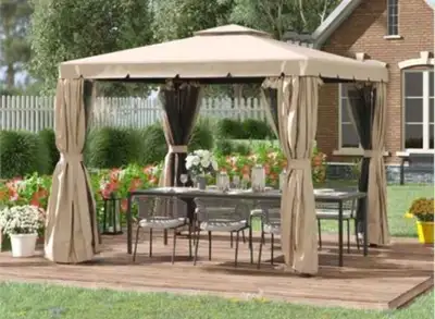 NEW  10' x 10' Double Canopy Deck Gazebo w/ Mesh/Curtains , View more