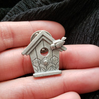 Vintage Pewter Bird and BIRDHOUSE w Perch and Ledge Pin Brooch