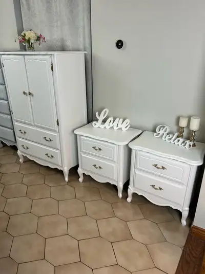 Refinished French provincial wardrobe and pair of nightstands, View more