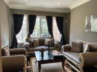 Living Room Suite, area rug, curtains & centre table!