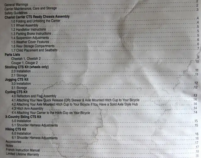 CHARIOT CHEETAH 1 2 COUGAR 1 2 OWNER'S MANUAL RARE in Strollers, Carriers & Car Seats in Ottawa - Image 8