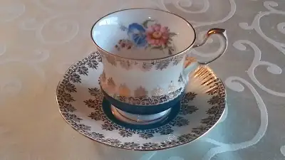 FINE BONE CHINA CUP SAUCER - TEAL/FLORAL, QUEEN'S, ENGLAND, View more