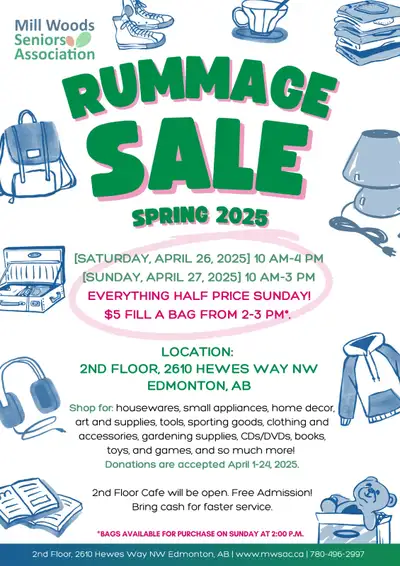 Mill Woods Seniors Association (MWSA) hosts two rummage sales each year, in the fall and in the spri...