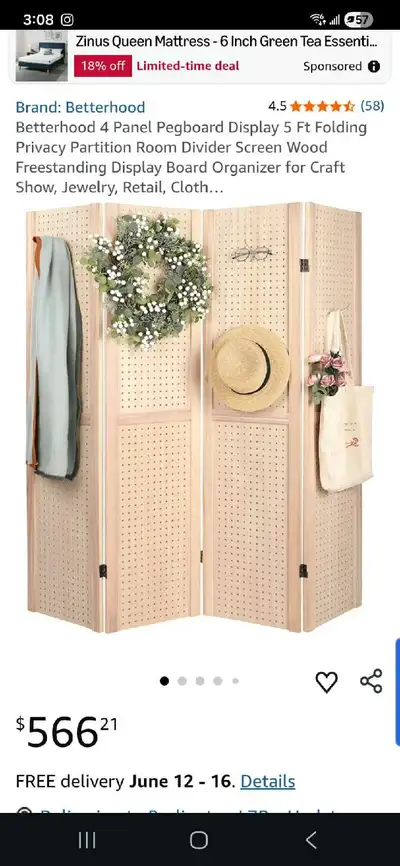 Betterhood 6 Panel Pegboard Display 8 Ft Folding Privacy, View more