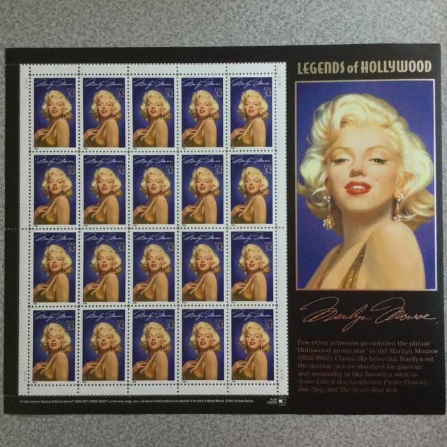 Marilyn Monroe US 32 cent STAMP SHEET Legends of Hollywood 1995 in Arts & Collectibles in Oshawa / Durham Region