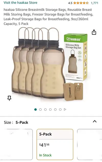 Silicone Breastmilk Storage Bags 9oz/260ml Capacity, 5 Pack, View more