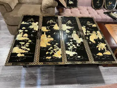 4 Asian Carved Mother of Pearl Black Lacquered Wall Panels 12X36, View more