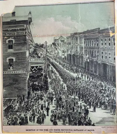 1885 Barrie Ontario Northwest rebellion art Canada military, View more
