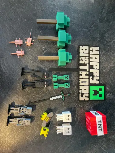 Cake topper and decorations for Minecraft themed birthday cake.