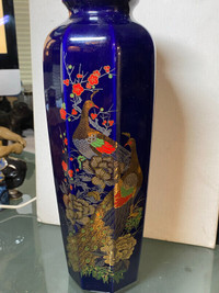 Cobalt Blue Vase With Gold Peacocks Made In Japan Vintage 9 1/2"