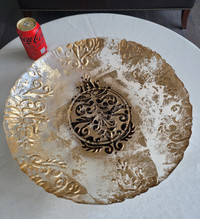 Decorative Glass Dish with Golden Ornament