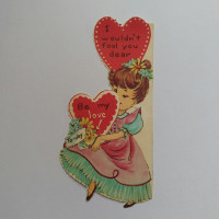 Pink & Green Dress Flowers Winking Woman Vintage Valentine Card