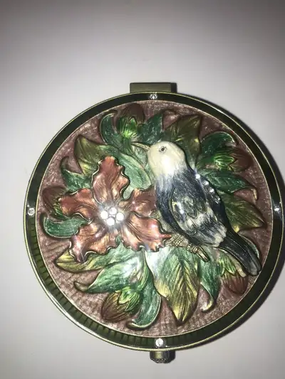 Vintage ENAMELED TRINKET BOX  MIRROR -HUMMINGBIRD & FLOWERS, View more