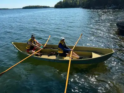 Finnish Päijän model fiberglass Row boat with two sets of oars. Seating for 4 people. Included 16tf...