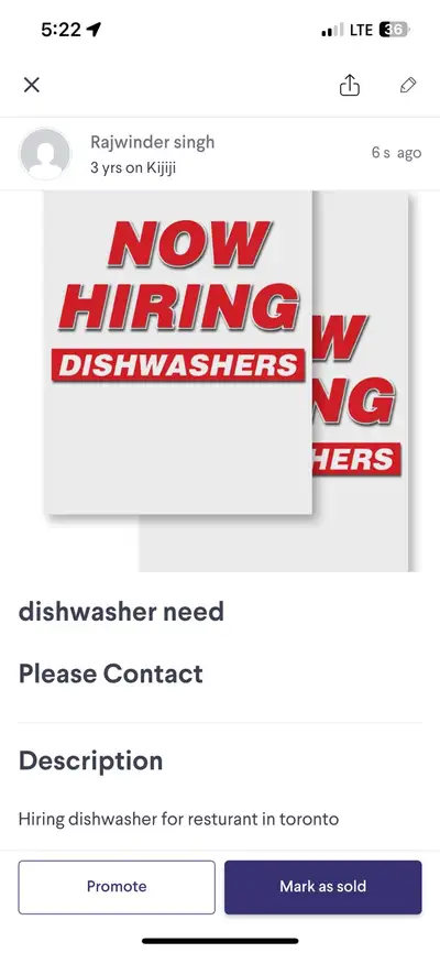 Hiring dishwasher start work from today at a bar contact 4374485180