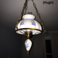 Vintage Hanging Light - Oil Lamp Style, Milk Glass, Blue Pattern