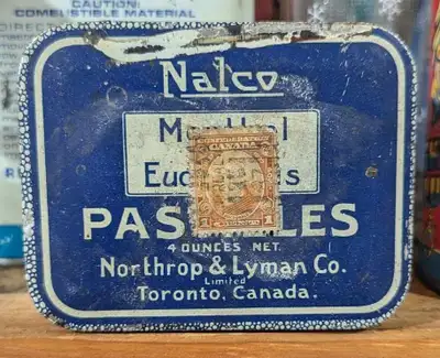 {INV#VAT1131-OS} | Scarce. Vintage Nalco Menthol Pastilles Tin/1927 postage stamp stuck to lid. From...