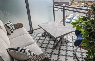 3 seater patio seater with matching coffee table and mat, View more