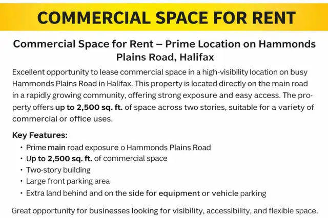 Commercial Space for Rent – Prime Loc. on Hammonds Plains rd