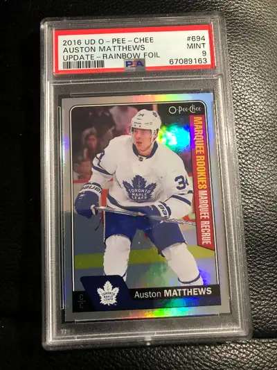 Auston Matthews OPC rainbow insert rookie card PSA graded mint 9, View more