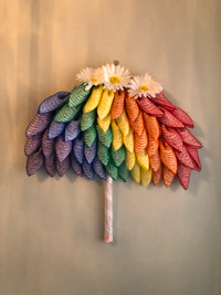 Rainbow Mesh Umbrella Wreath with Daisy Flowers and Silk Handle