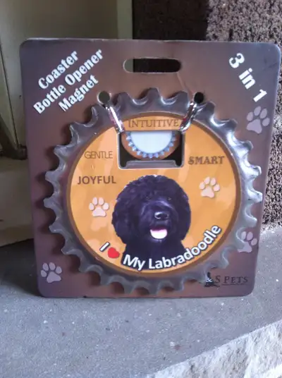This is a new & never used E&S Pets "I Love My Labradoodle" 3 in 1. This is a metal coaster, bottle...