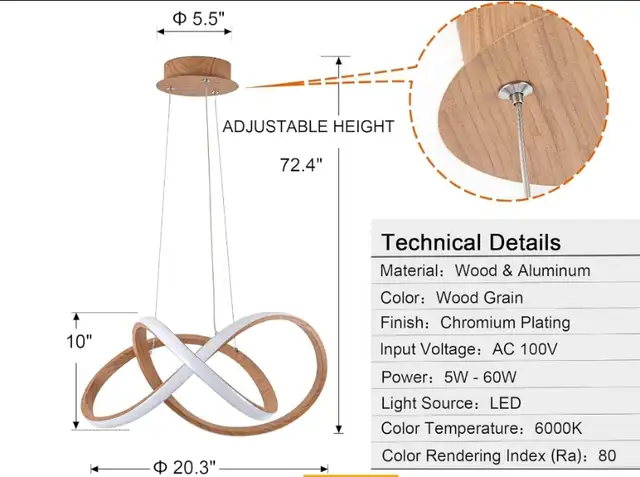 NEW MAYNA Modern LED Pendant Light Chandelier in Wood Finish in Indoor Lighting & Fans in London - Image 9