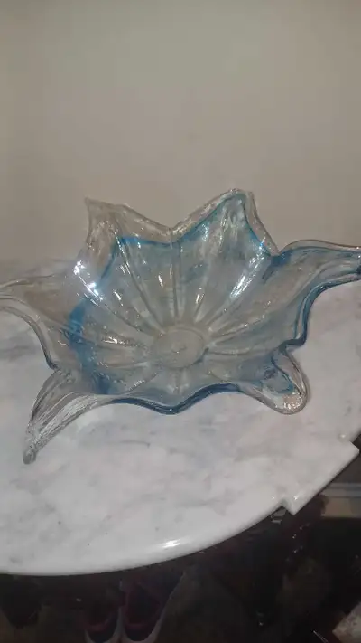 5"x19" Murano Art Glass Centrepiece Bowl Clear Blue White Flecks, View more