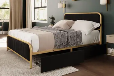 PLATFORM STORAGE BED IN VELVET FABRIC & BRUSHED GOLD METAL TRIM., View more