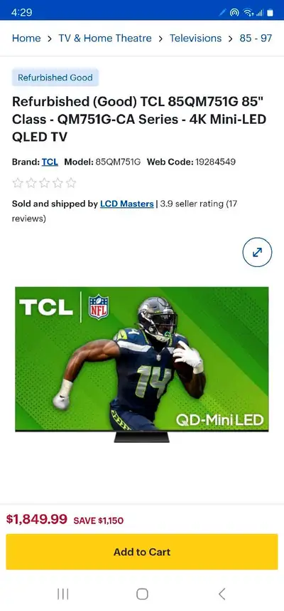 TCL 85QM751G 85" Class - QM751G-CA Series - 4K Mini-LED QLED TV, View more