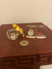 2 miniature crystal & brass quartz clock.