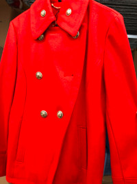 Red GUESS Double Breasted Military Style Pea Coat w/Gold Buttons