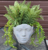 Concrete Face/Head Planter with Artificial Fern 