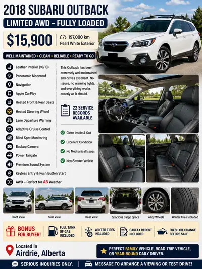Selling my beautiful 2018 Subaru Outback AWD in Pearl White. This vehicle is fully loaded and in exc...