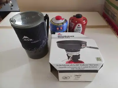 MSR Windburner stove Includes system frypan as well as full 2 bottles of fuel Note: please see my pr...