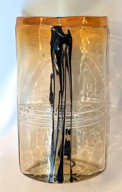 For sale is a RARE Mint Condition Mid-Century Hand-Blown Golden Yellow, Black & White Art Glass Vase...