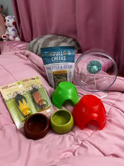 Small animal items: Large wheel—paid $30, asking $10. Food—(two scoops taken out)paid $12, asking $5...